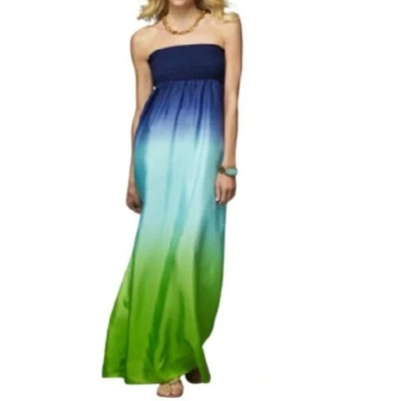 Lilly Pulitzer Dresses & Skirts - Lilly Pulitzer Women's Large Green & Blue Dip Dye 100% Silk Strapless Maxi Dress